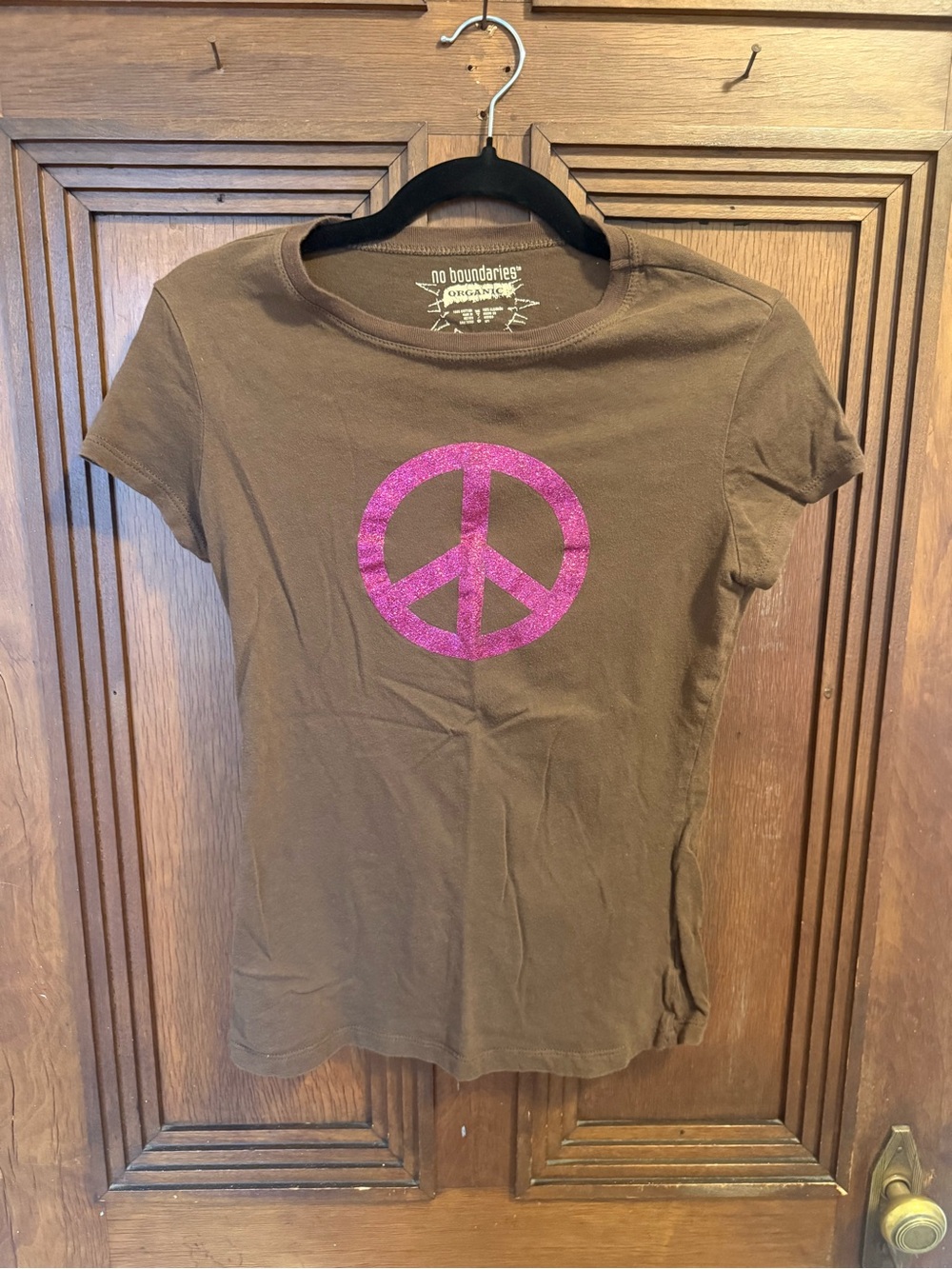 No Boundaries Brown Tee with Pink Glitter Peace Sign
